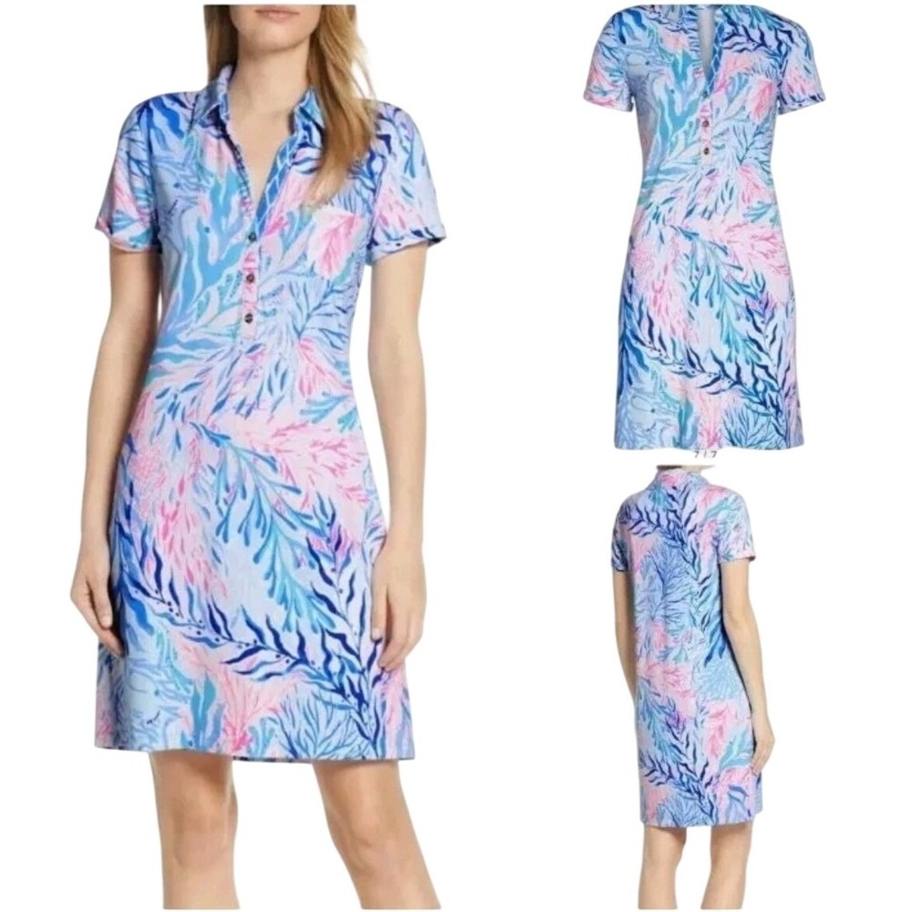 Lilly Pulitzer Sophieโ Dress Blue Pink Floral Coral Print Short Sleeve Knit Sz S
